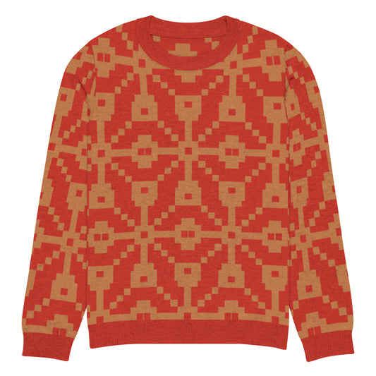 Close-up of an orange and brown Fair Isle geometric knit pullover sweater with a round neck and long sleeves| IslandWear Fashion