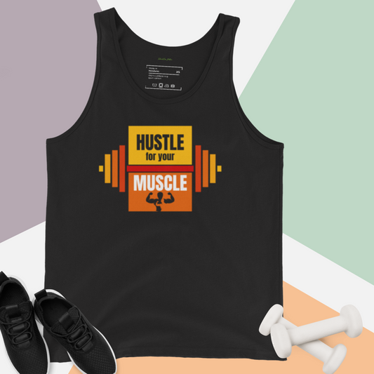 Men's black gym tank top with a graphic of a barbell and the motivational quote "Hustle for Your Muscle" in red and orange boxes| IslandWear Fashion