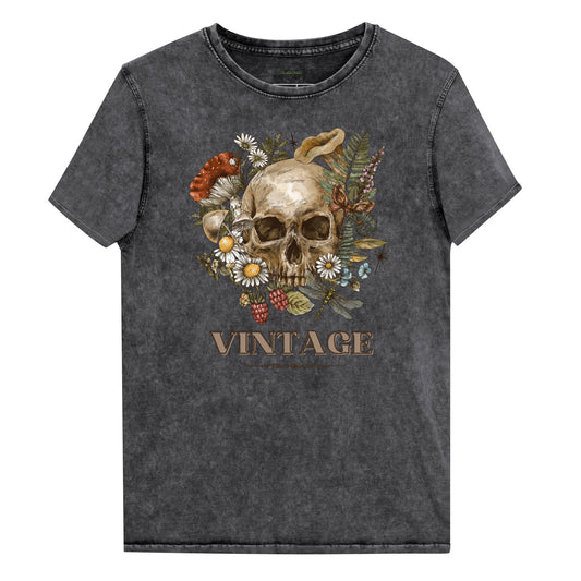 Charcoal gray acid wash t-shirt with a detailed vintage graphic of a skull surrounded by daisies, mushrooms, berries, and a dragonfly. The text "VINTAGE" is below the graphic | IslandWear Fashion