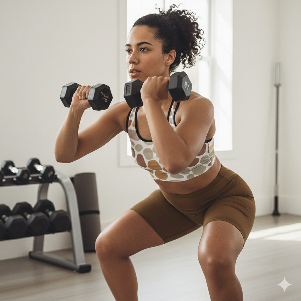 Woman in a squat work out position with two dumbells wearing patterned brown athleisure wear from IslandWear Fashion 