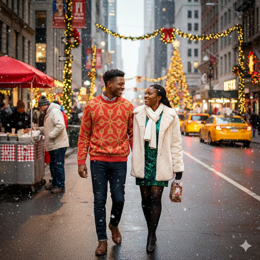 Two people walking down a snowy city street during Christmas time. Man is wearing Fair Isle Geometric Knit Pullover Sweater by IslandWear Fashion 