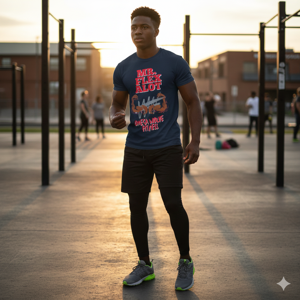 Man wearing a blue custom t-shirt with text and graphics on a sports field at sunset. | IslandWear Fashion 