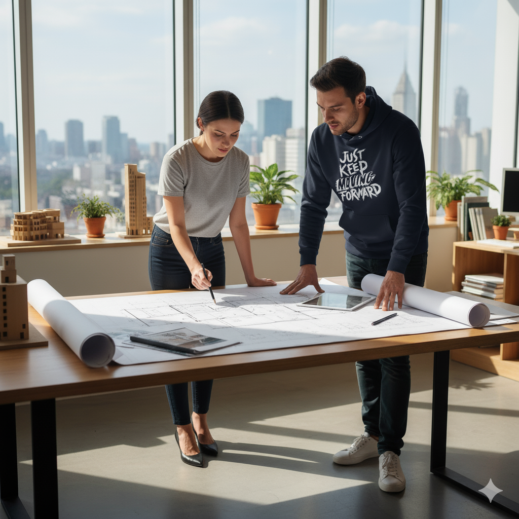 Two people working on blueprints in a modern office with city view.  Man wearing "Just Keep Moving Forward" Hoodie by IslandWear Fashion 