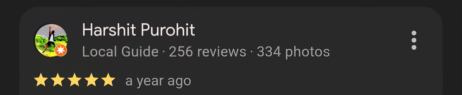 Profile card of Harshit Purohit with star rating and date, on a dark background|IslandWear Fashion 