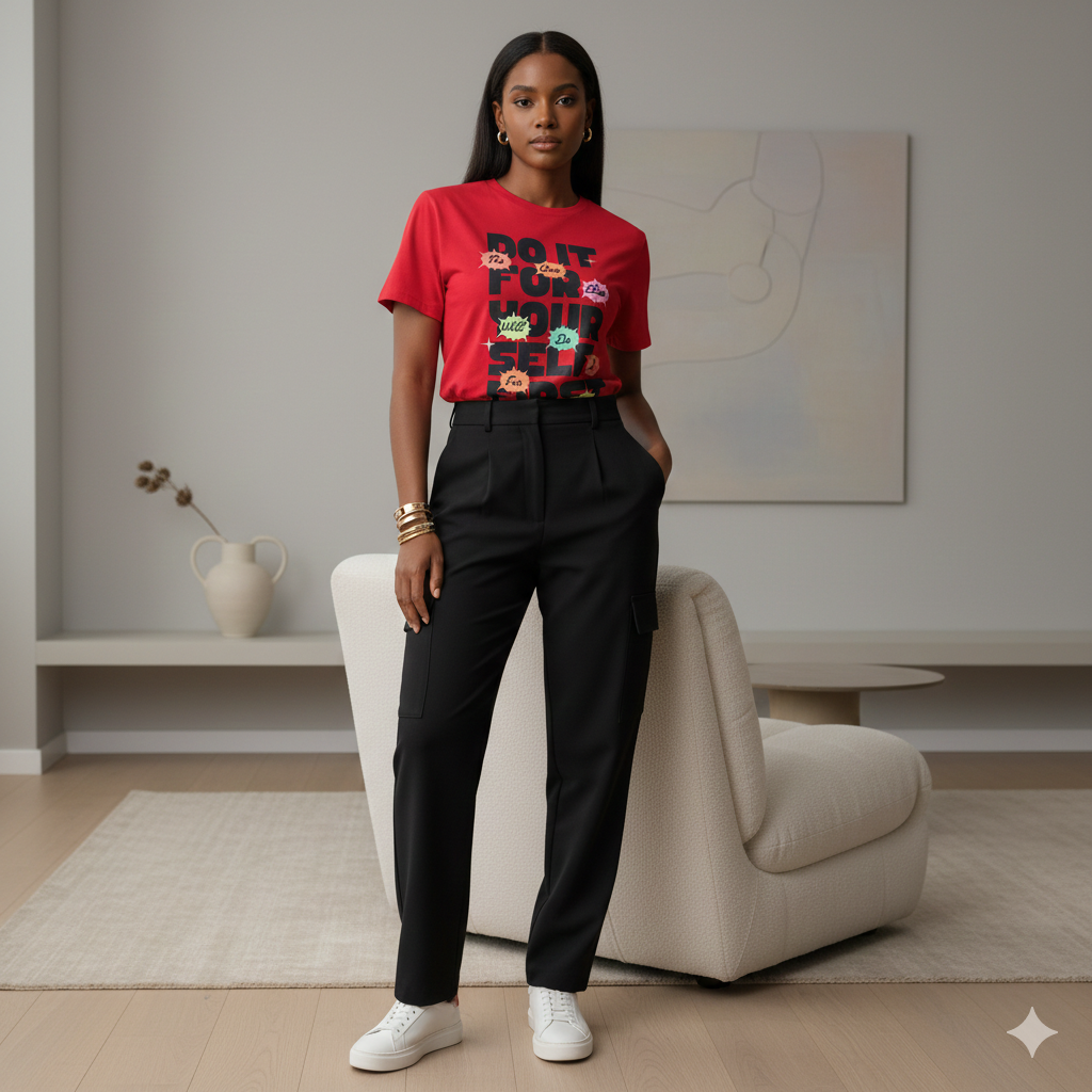 Woman wearing a red t-shirt with colorful graphics and black pants in a modern living room.