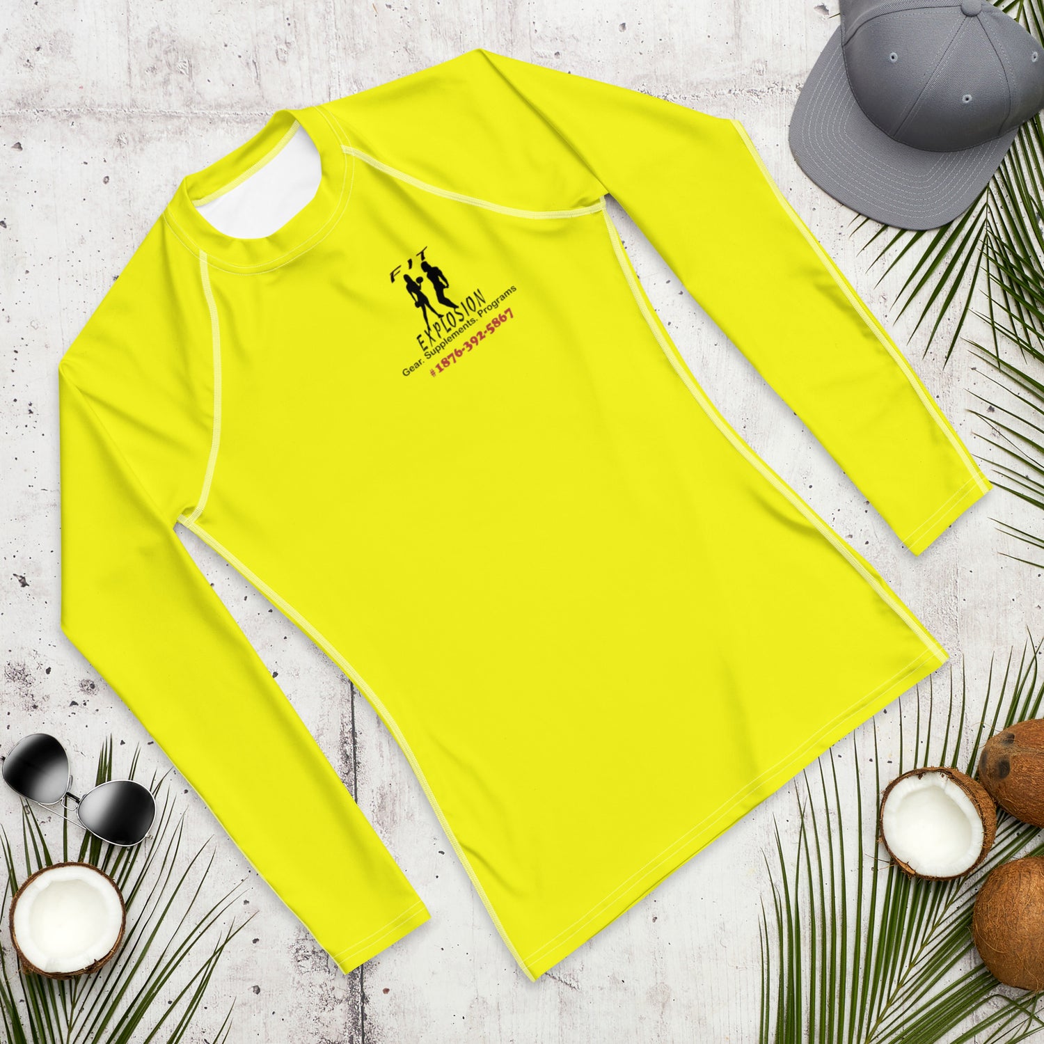 ​Custom Fit Explosion neon yellow long-sleeve rash guard with black logo and red phone number | IslandWear Fashion 