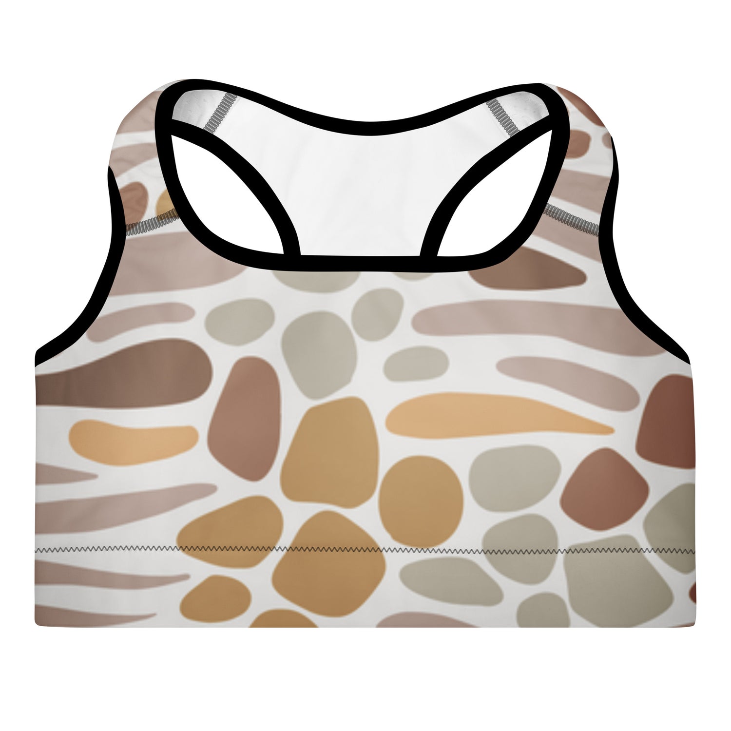 Close-up of a racerback sports bra with an abstract pattern in various earth tones including brown, beige, and tan|IslandWear Fashion 