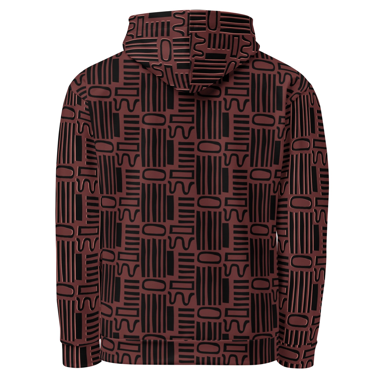 Back view of a maroon graphic print pullover hoodie with a pink wavy "Maintain Balance" graphic and a black geometric tribal pattern on the sleeves and kangaroo pocket|IslandWear Fashion 