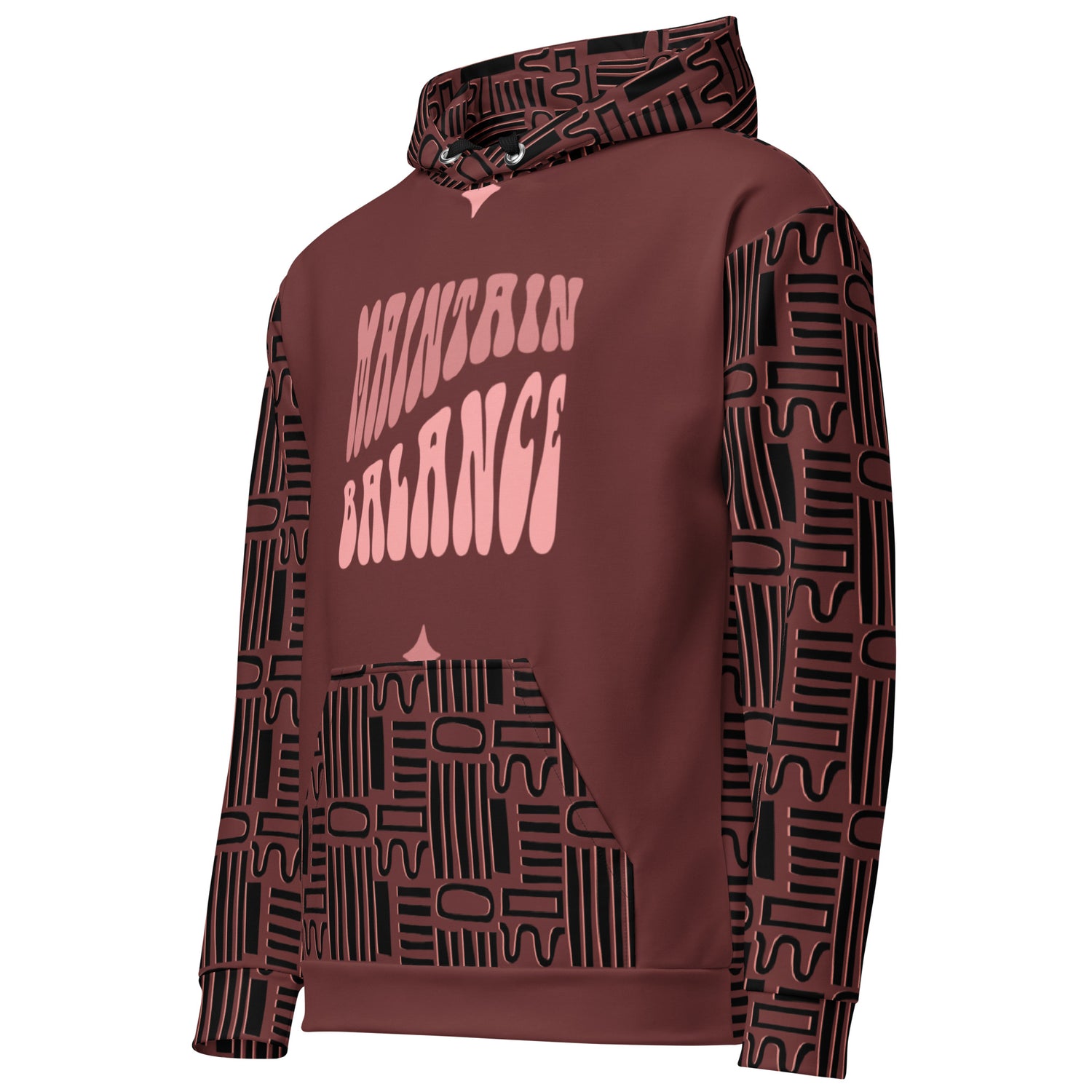 Side view of a maroon graphic print pullover hoodie with a pink wavy "Maintain Balance" graphic and a black geometric tribal pattern on the sleeves and kangaroo pocket|IslandWear  Fashion 