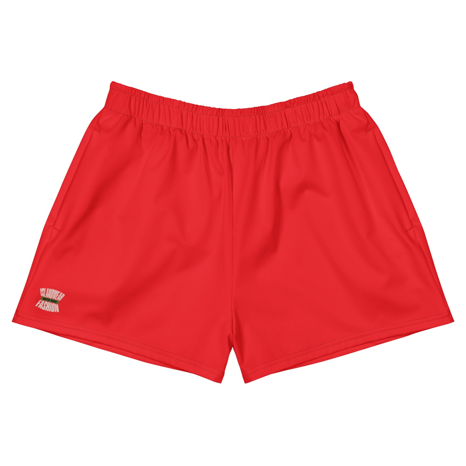 Unisex high-performance aqua fitness athletic shorts in vibrant red featuring the IslandWear Fashion logo on the lower left hem, as displayed in the file all-over-print-unisex-athletic-shorts-white-front-6a10e368eac9c.jpg.