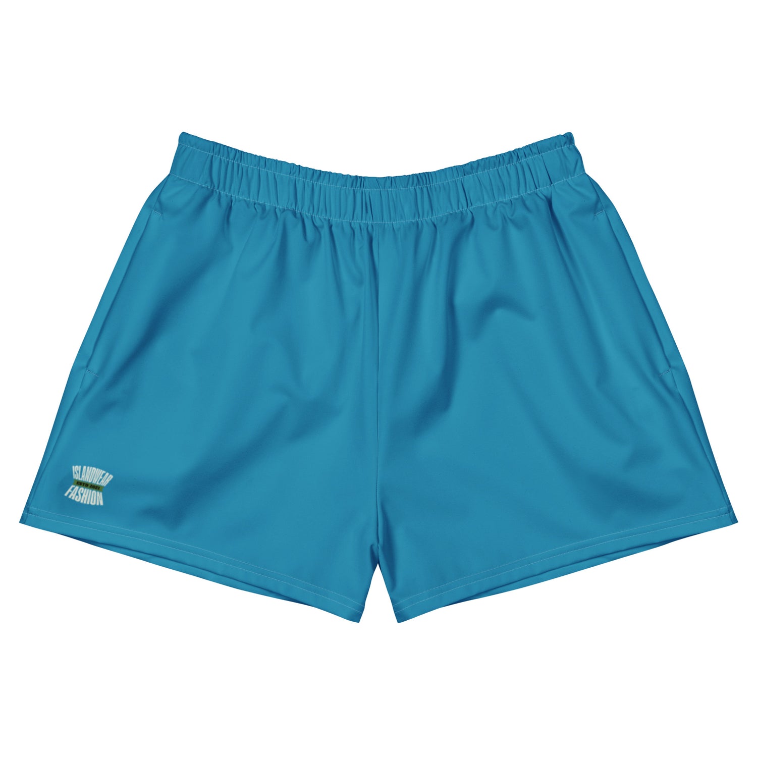 Image all-over-print-unisex-athletic-shorts-white-front-6a11f1086909c.jpg: IslandWear high-performance unisex athletic shorts in vibrant cobalt blue, featuring a comfortable elastic waistband and the IslandWear Fashion logo on the lower left hem, isolated on a white background.