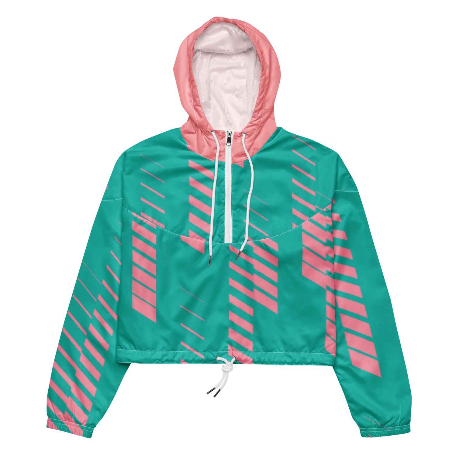 ​Teal and pink cropped windbreaker jacket with a half-zip front, a pink hood, and a diagonal geometric stripe pattern across the front and sleeves|IslandWear Fashion 