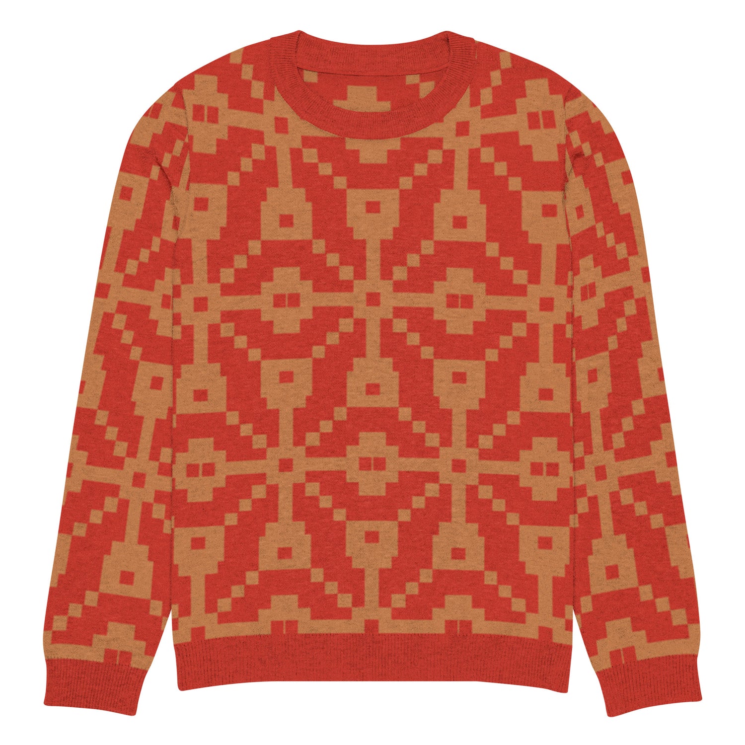 ​Close-up of an orange and brown Fair Isle geometric knit pullover sweater with a round neck and long sleeves| IslandWear Fashion 
