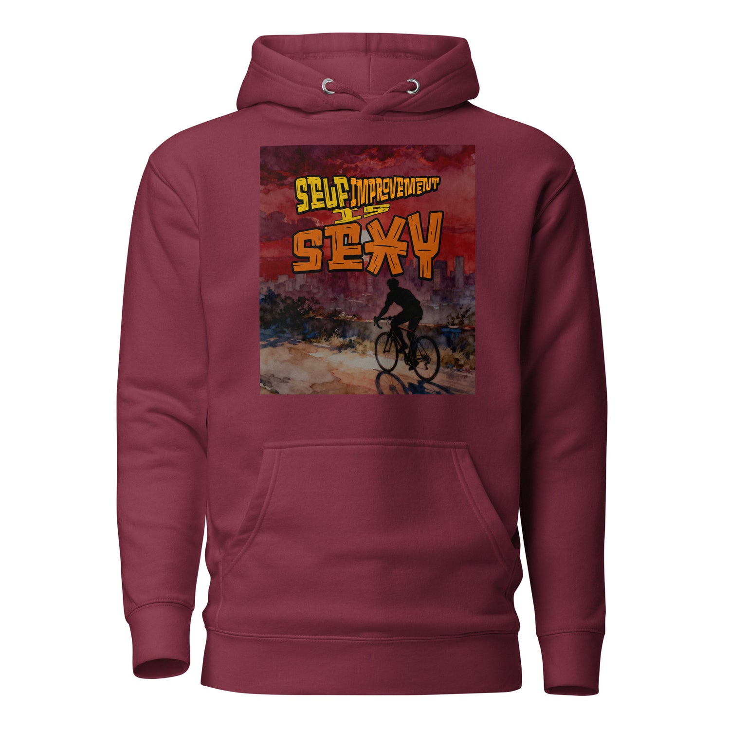 Maroon unisex pullover hoodie featuring a watercolor graphic of a cyclist silhouette at sunset with the text Self Improvement is Sexy|IslandWear Fashion