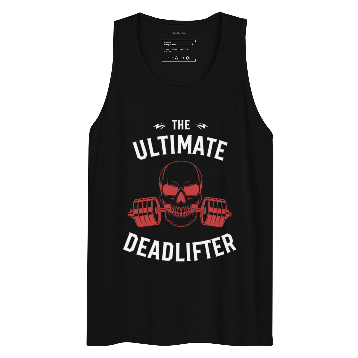Men's black tank top with a white and red graphic of a skull clenching a red barbell. Text above and below reads "The Ultimate Deadlifter." | IslandWear Fashion 