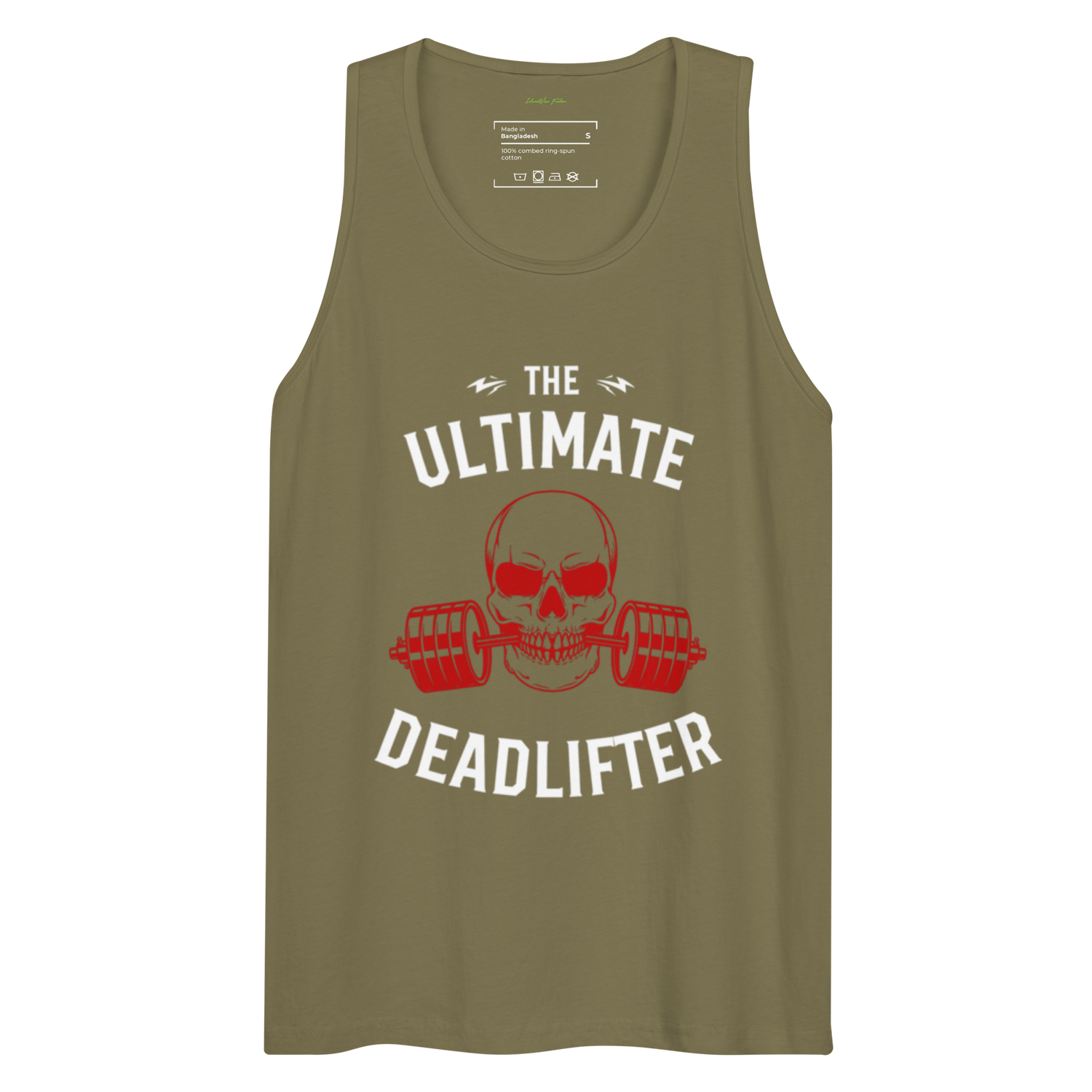 Men's green tank top with a white and red graphic of a skull clenching a red barbell. Text above and below reads "The Ultimate Deadlifter."| IslandWear Fashion 
