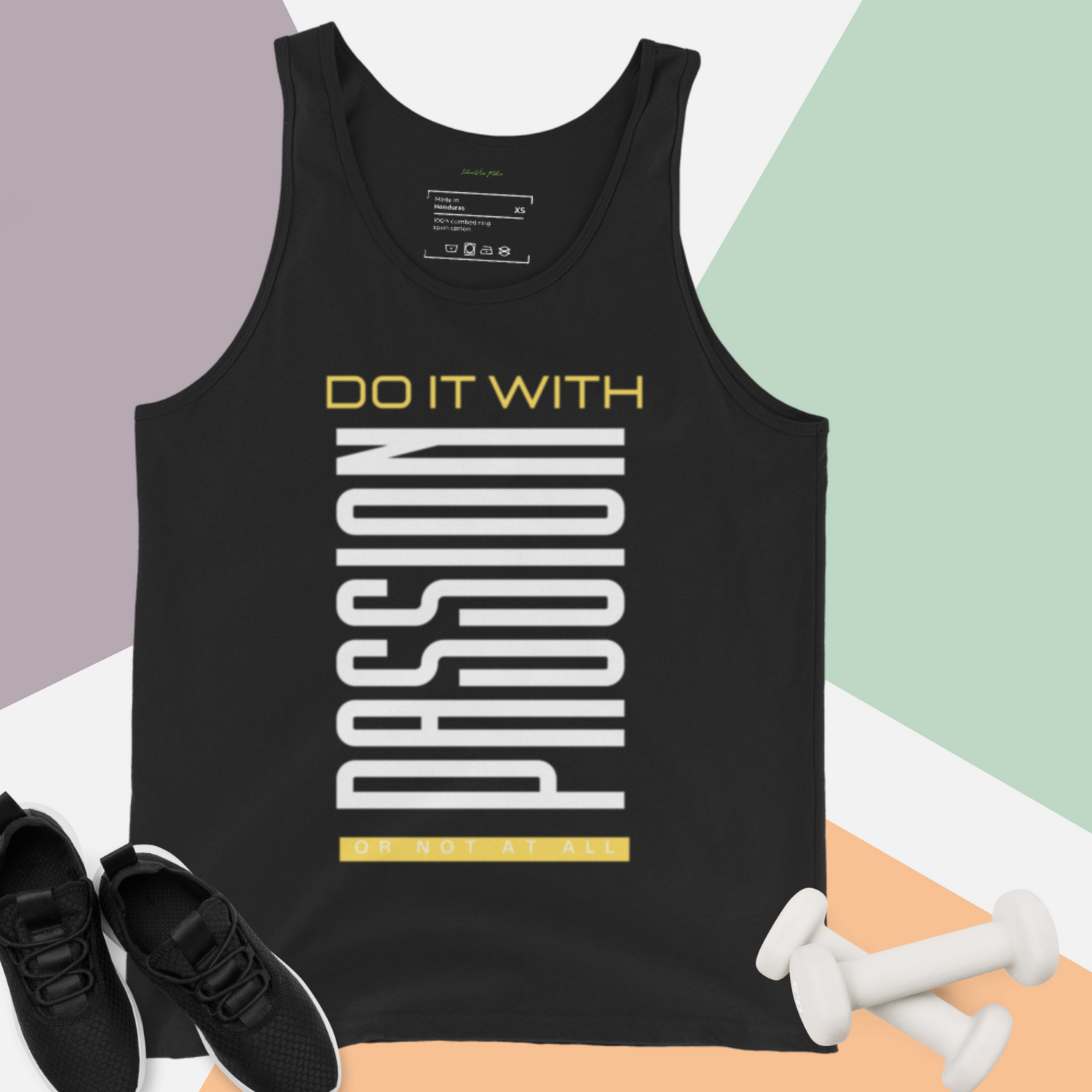 Black workout tank top with a bold white and gold graphic that reads "DO IT WITH PASSION OR NOT AT ALL." Styled with athletic accessories | IslandWear Fashion 
