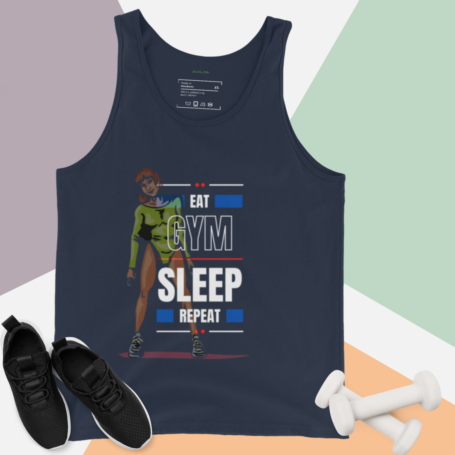 Navy blue tank top with a graphic that reads "EAT GYM SLEEP REPEAT" next to an athletic woman illustration | IslandWear Fashion 