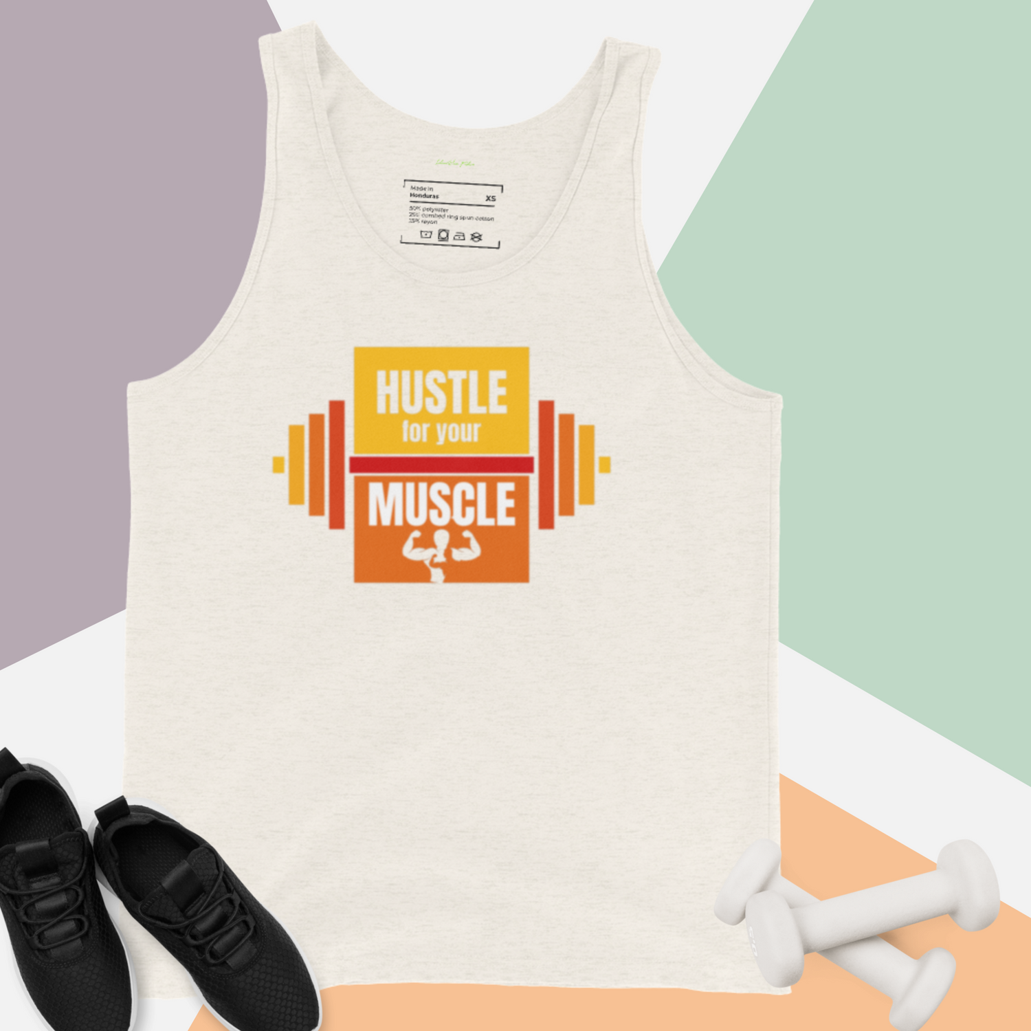 ​Men's heather white gym tank top with a graphic of a barbell and the motivational quote "Hustle for Your Muscle" in red and orange boxes| IslandWear Fashion 