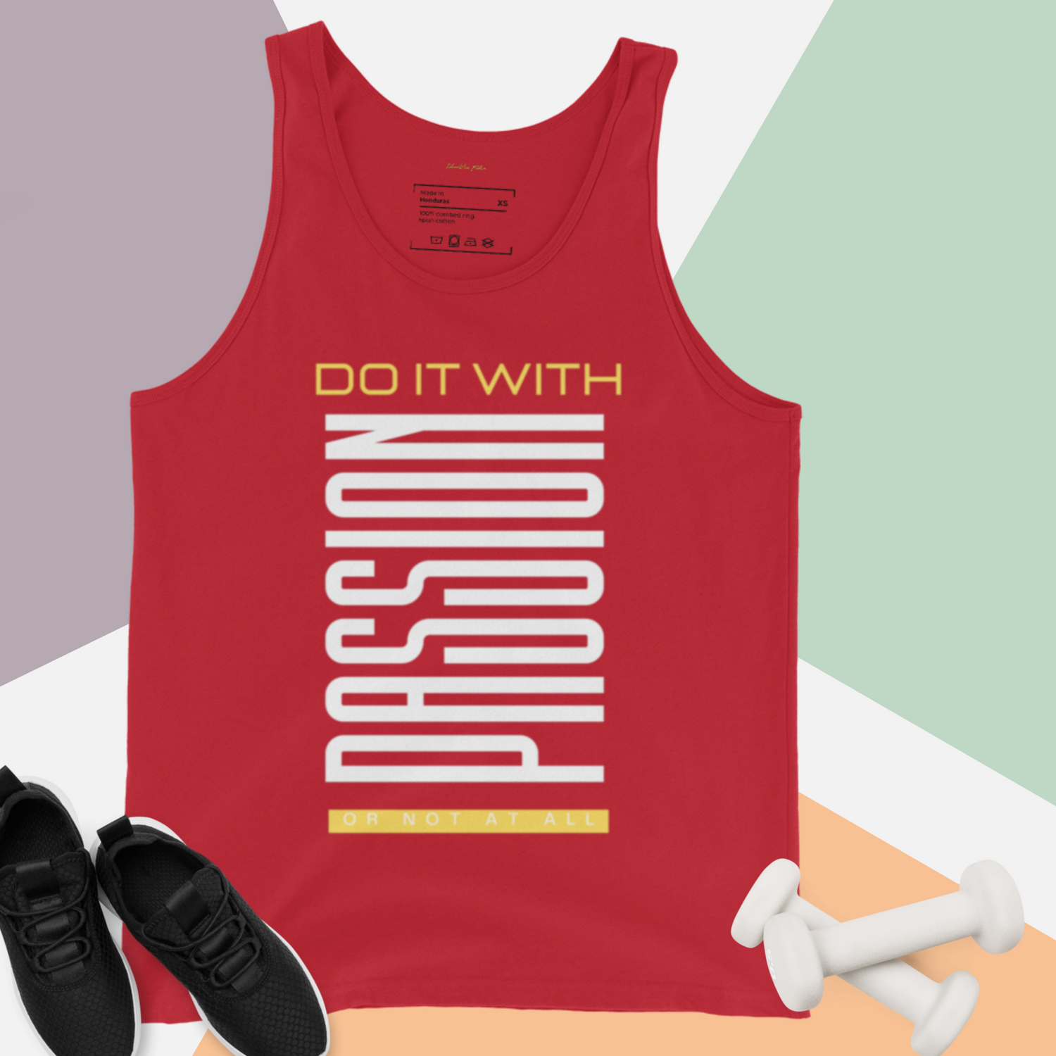 A red unisex tank top with the text 'DO IT WITH PASSION' in white and yellow, displayed flat with a pair of black sneakers and white socks, and two dumbbells to the side | IslandWear Fashion 