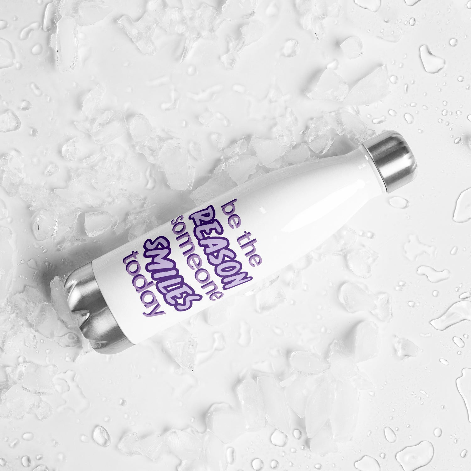 White water bottle with purple text on a textured white background