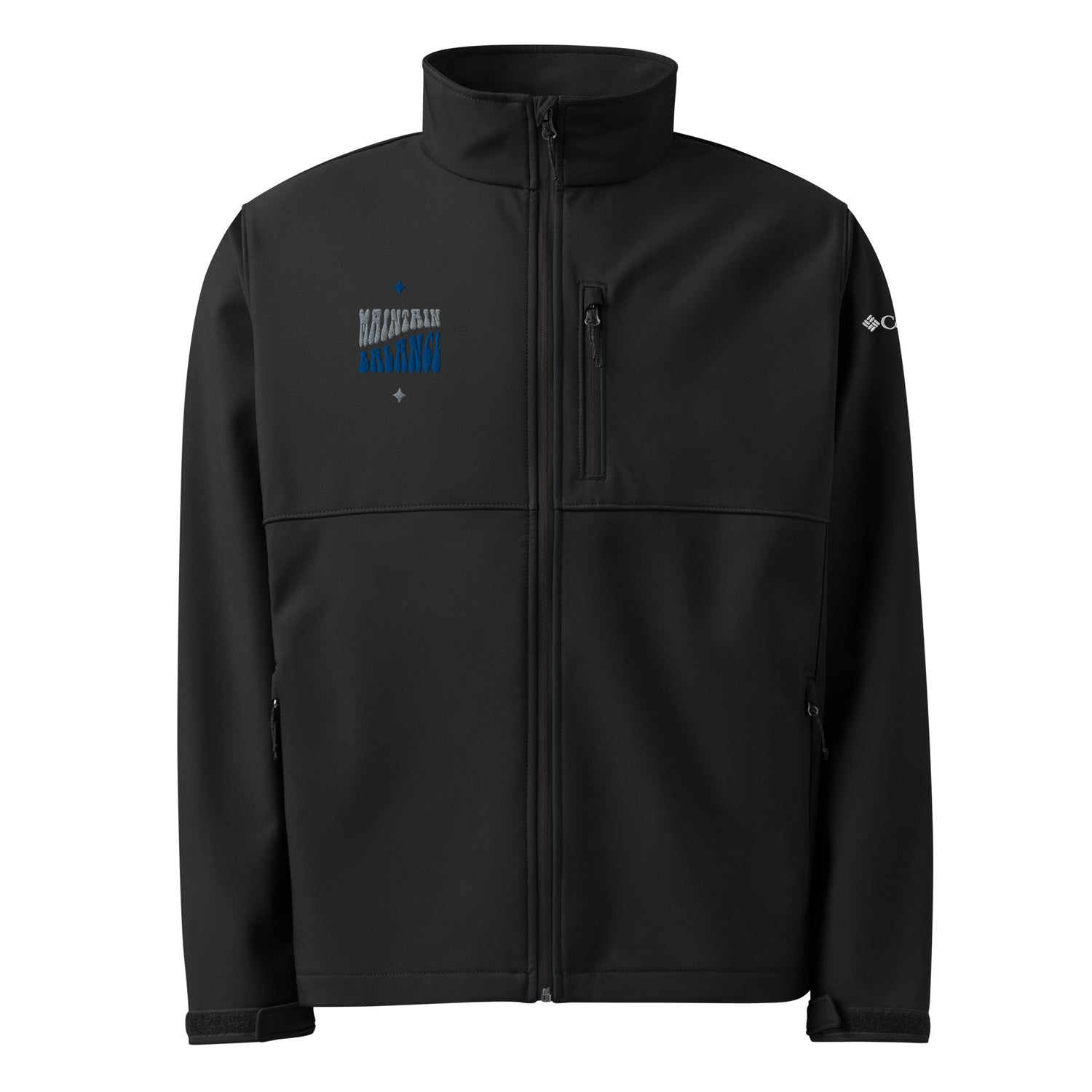 Front view of a black softshell jacket with a prominent blue and white "Maverick" logo on the left chest, a full zipper, and a standing collar | IslandWear Fashion 
