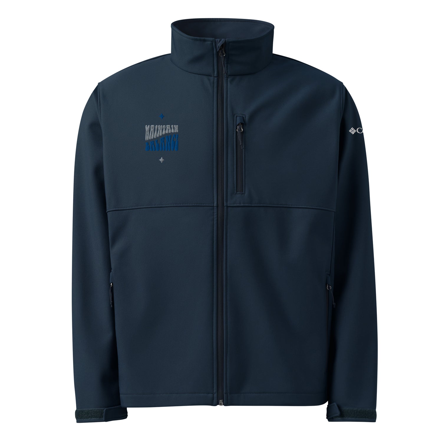 Front view of a navy softshell jacket with a prominent blue and white "Maverick" logo on the left chest, a full zipper, and a standing collar | IslandWear Fashion 