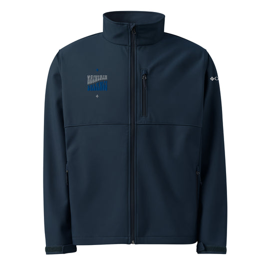 Front view of a navy softshell jacket with a prominent blue and white "Maverick" logo on the left chest, a full zipper, and a standing collar | IslandWear Fashion 
