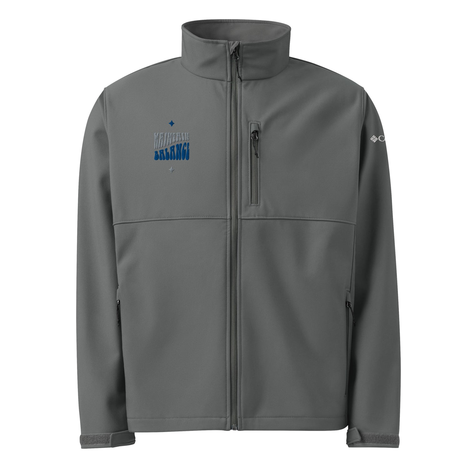 Front view of a grey softshell jacket with a prominent blue and white "Maverick" logo on the left chest, a full zipper, and a standing collar | IslandWear Fashion 