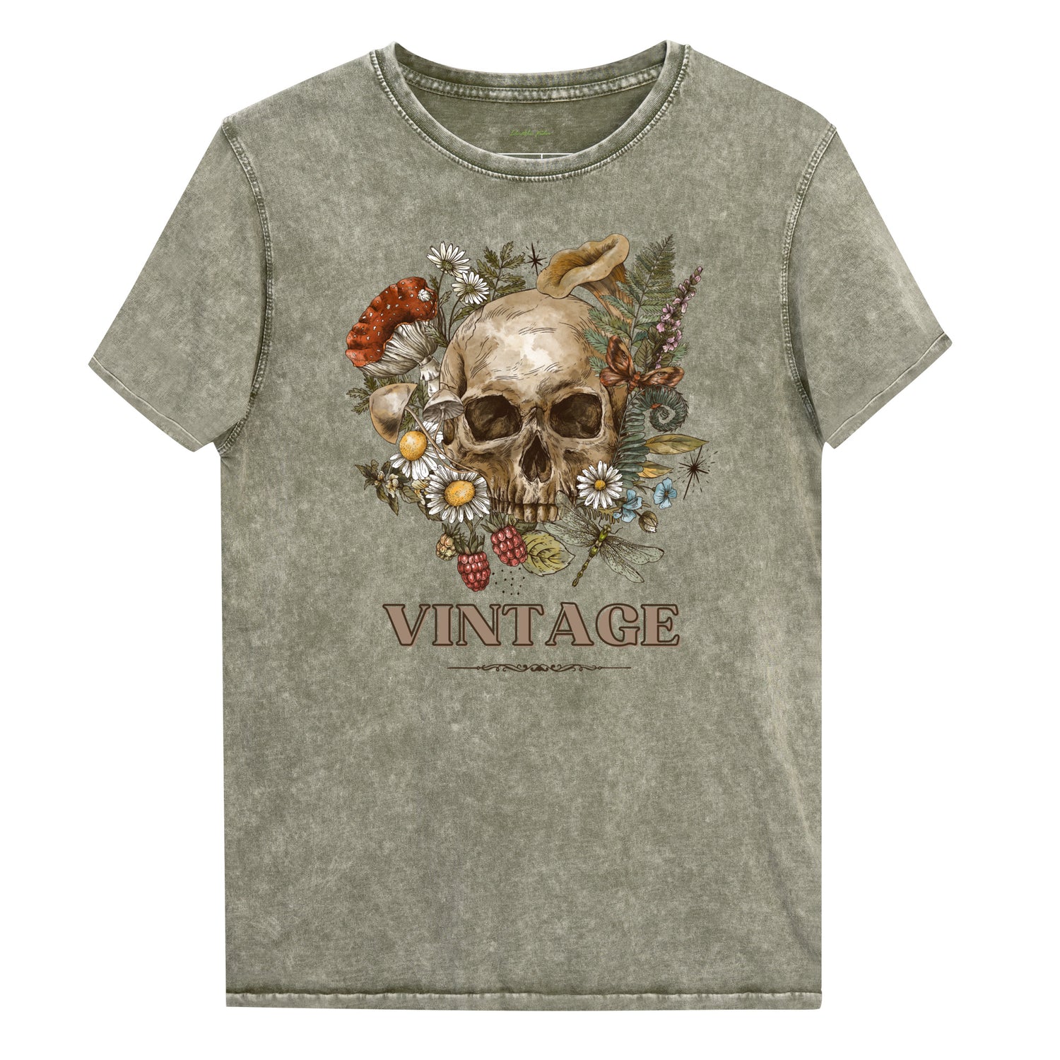 Army Green acid wash t-shirt with a detailed vintage graphic of a skull surrounded by daisies, mushrooms, berries, and a dragonfly. The text "VINTAGE" is below the graphic | IslandWear Fashion 