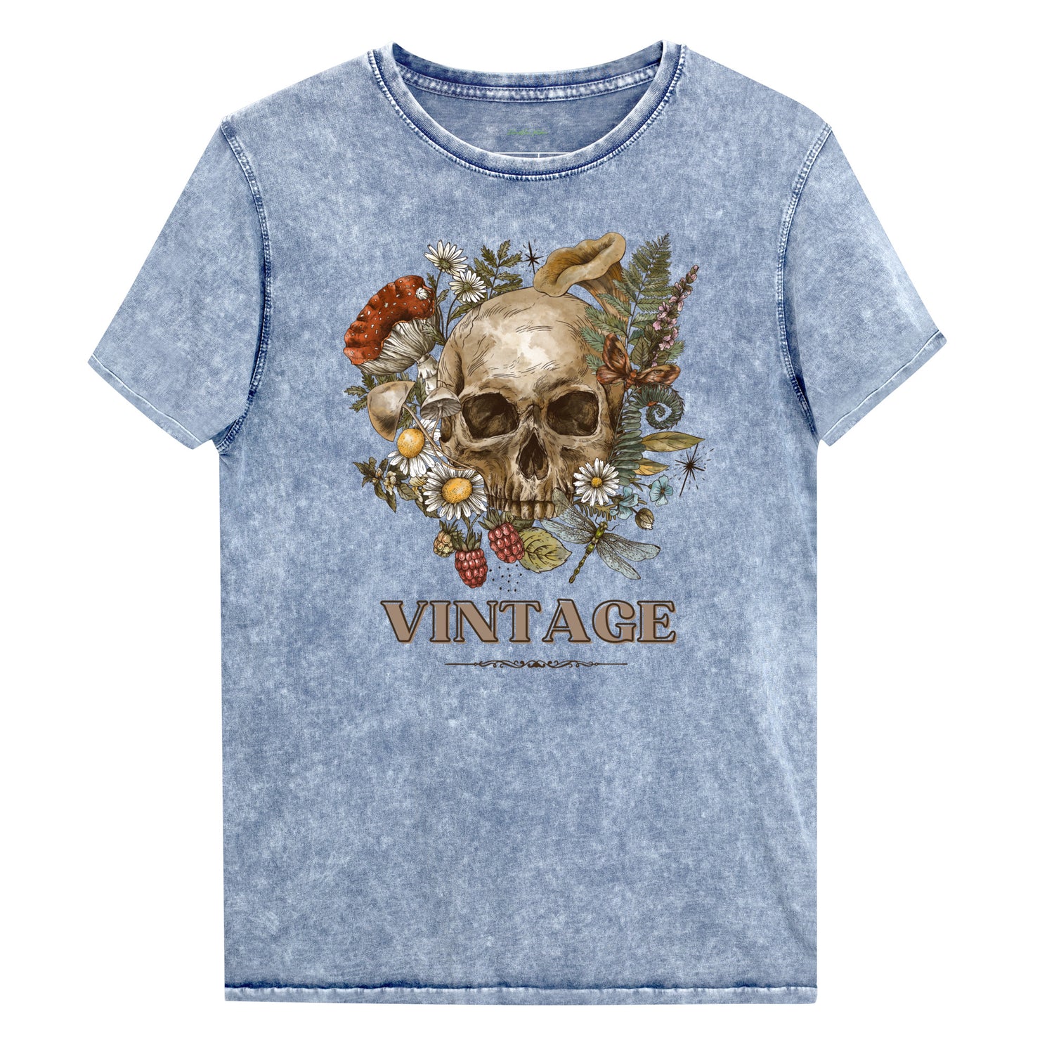 Denim Blue acid wash t-shirt with a detailed vintage graphic of a skull surrounded by daisies, mushrooms, berries, and a dragonfly. The text "VINTAGE" is below the graphic | IslandWear Fashion 