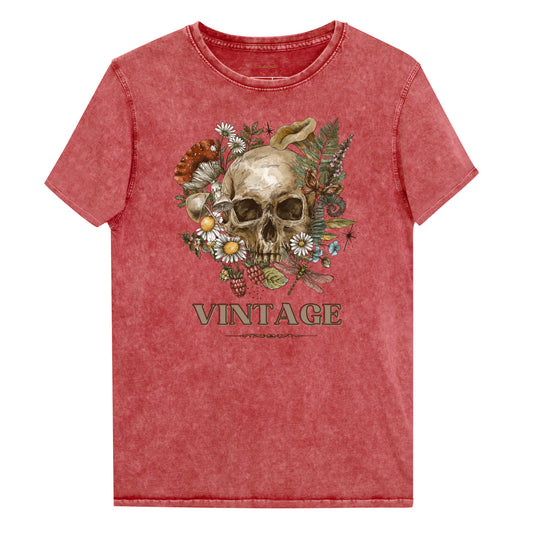 Red acid wash t-shirt with a detailed vintage graphic of a skull surrounded by daisies, mushrooms, berries, and a dragonfly. The text "VINTAGE" is below the graphic | IslandWear Fashion 