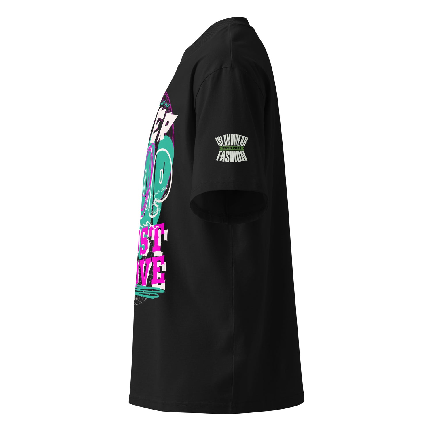 Black t-shirt with colorful graphics and text on a white background