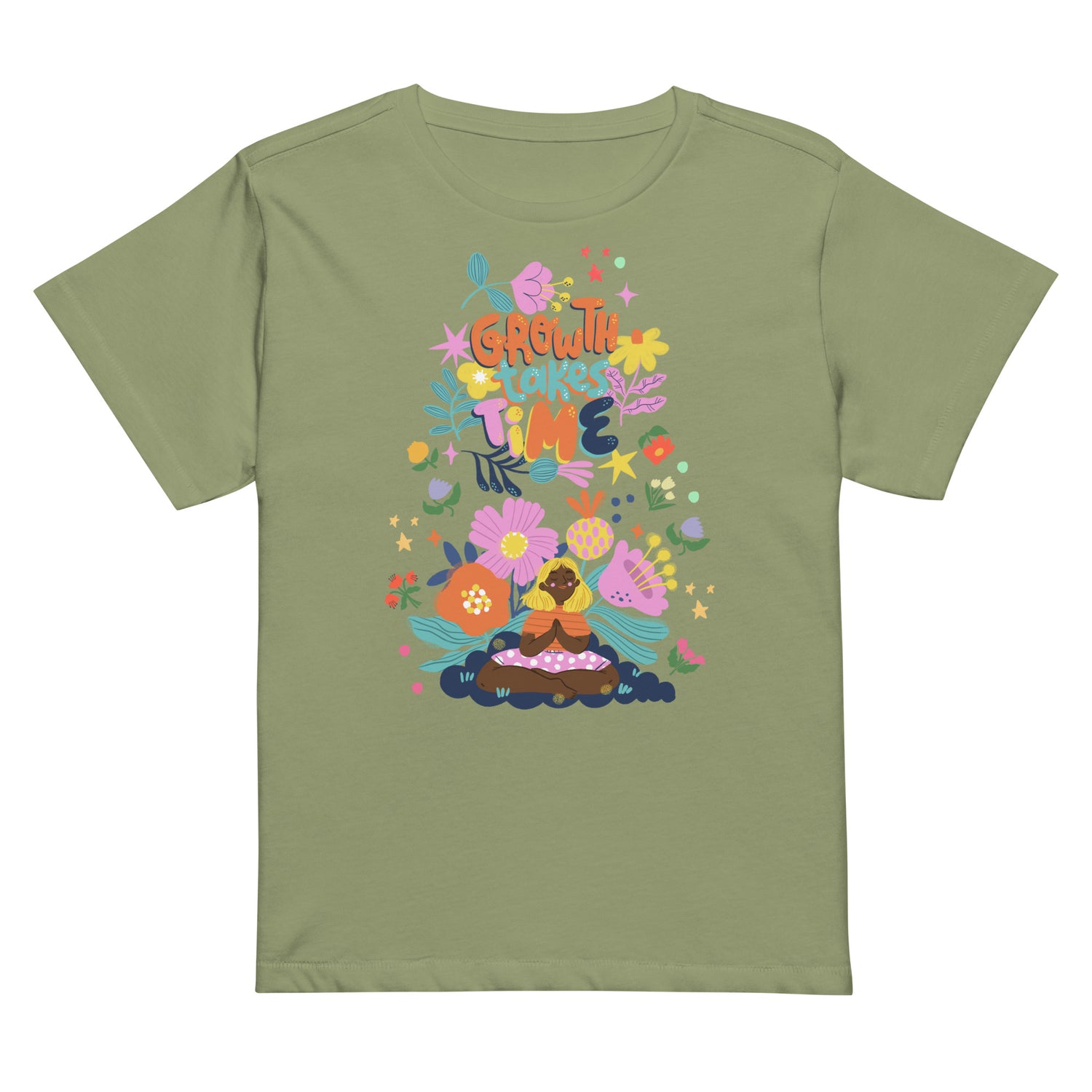 Artichoke/ Green t-shirt with a colorful boho-floral graphic and the phrase "Growth Takes Time." Design shows a person meditating surrounded by flowers and stars.