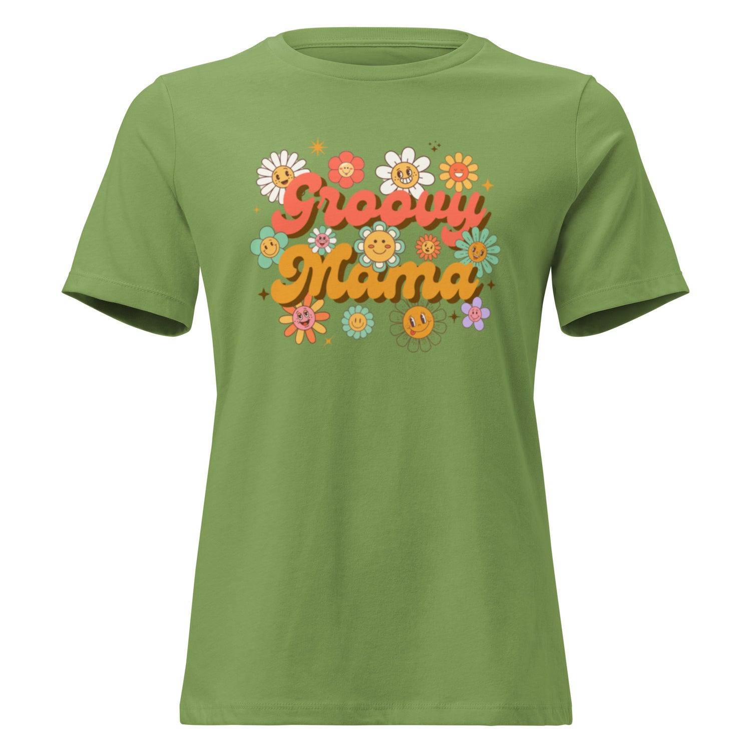 ​Product photo of a light olive green crew neck t-shirt for mothers, adorned with a vibrant vintage-inspired "Groovy Mama" print and colorful, happy daisy flower faces.