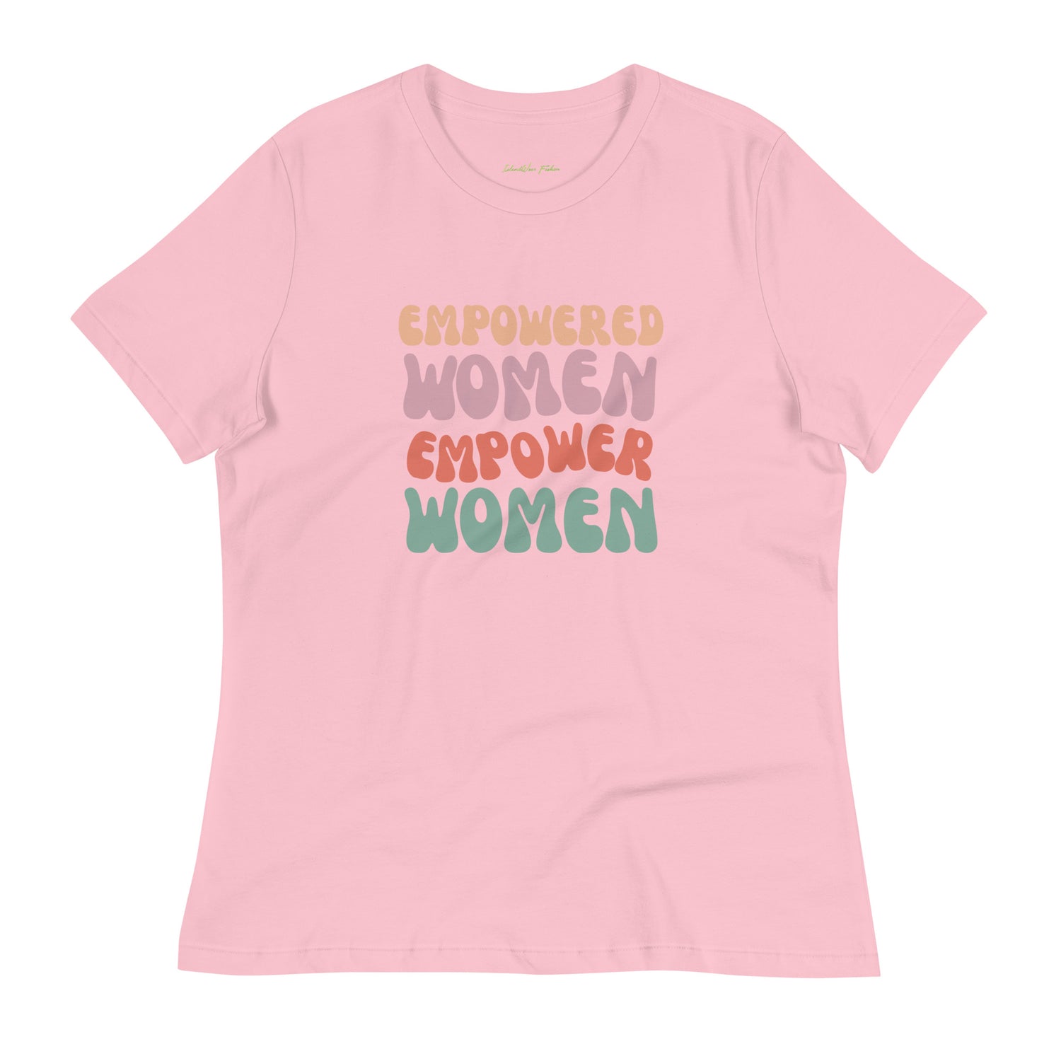 Light pink t-shirt with a retro, pastel-colored graphic that reads "Empowered Women Empower Women" in stacked, bubble lettering | IslandWear Fashion 