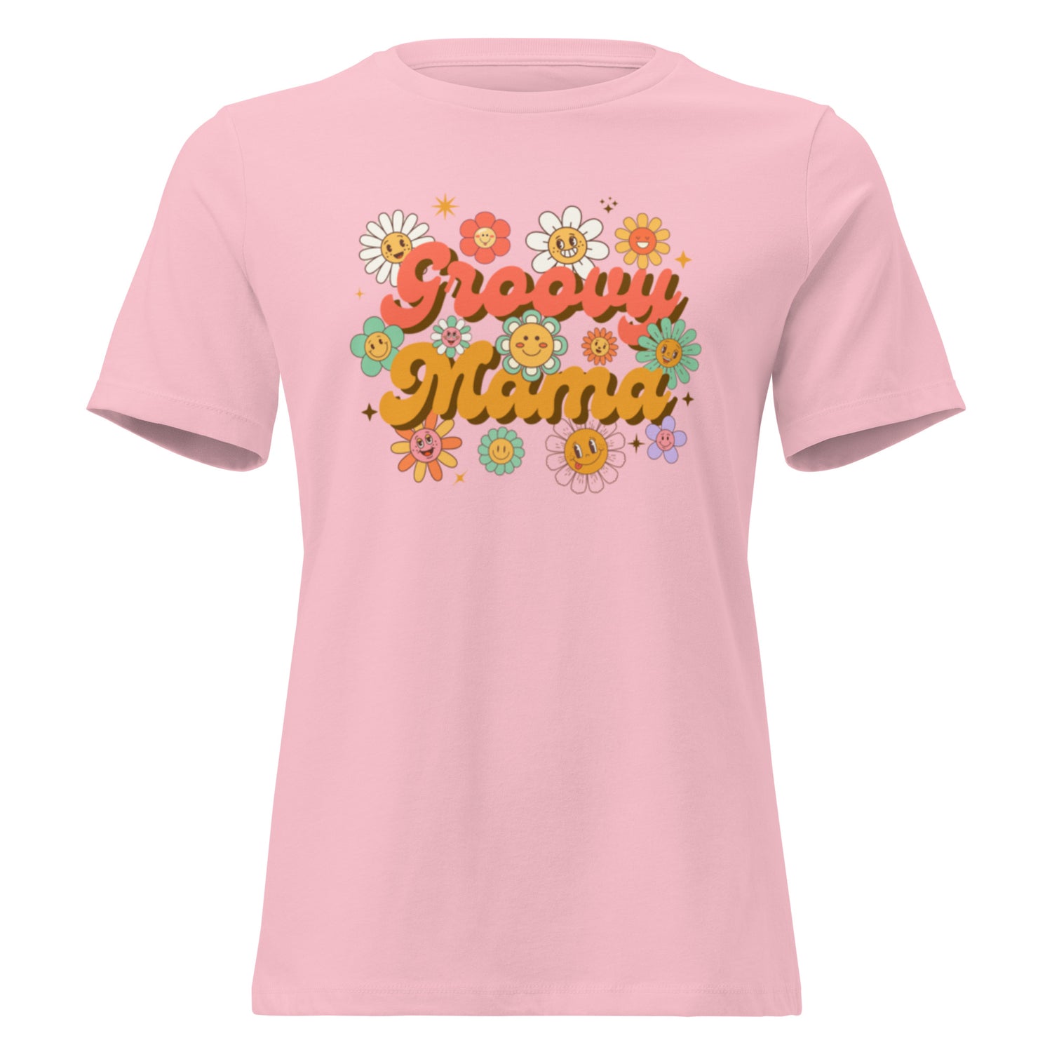 ​Product photo of a light pink crew neck t-shirt for mothers, adorned with a vibrant vintage-inspired "Groovy Mama" print and colorful, happy daisy flower faces.